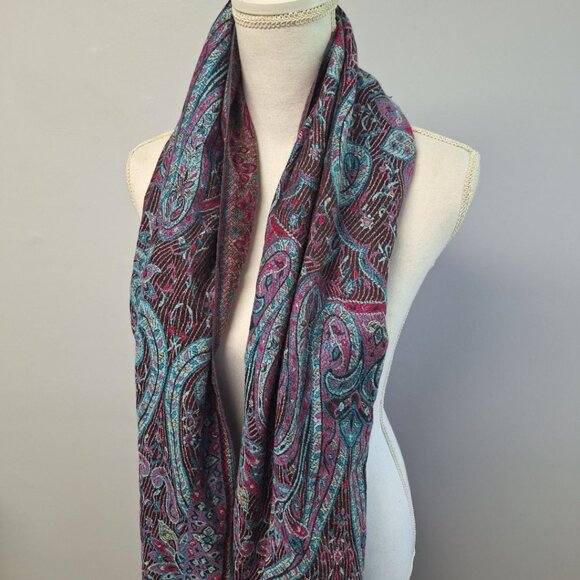 Wrap Shawl Frings Boho Wide‎ Scarf Accessory Blue Purple Paisley Tribal - Picture 2 of 10